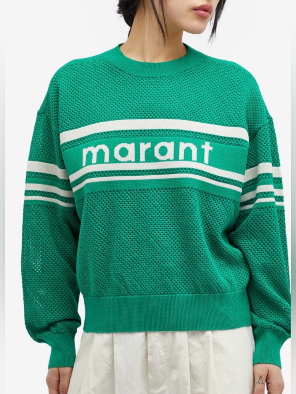 Isabel Marant Etoile Arwen Open Weave Logo Sweater Emerald Green NWT FR 42/US 10